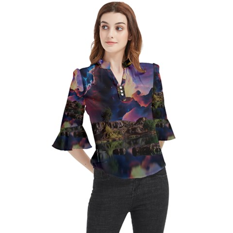 Lake Galaxy Stars Science Fiction Loose Horn Sleeve Chiffon Blouse by Uceng