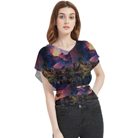 Lake Galaxy Stars Science Fiction Butterfly Chiffon Blouse by Uceng