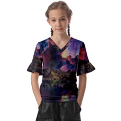 Lake Galaxy Stars Science Fiction Kids  V-neck Horn Sleeve Blouse by Uceng