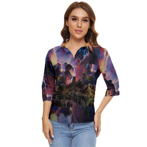 Lake Galaxy Stars Science Fiction Women s Quarter Sleeve Pocket Shirt by Uceng