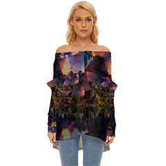 Lake Galaxy Stars Science Fiction Off Shoulder Chiffon Pocket Shirt by Uceng