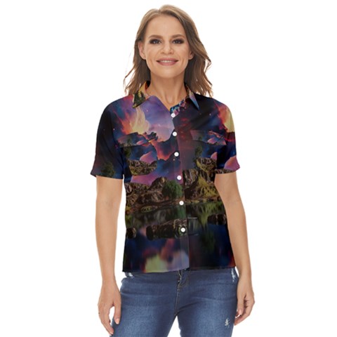 Lake Galaxy Stars Science Fiction Women s Short Sleeve Double Pocket Shirt by Uceng