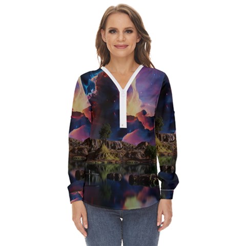 Lake Galaxy Stars Science Fiction Zip Up Long Sleeve Blouse by Uceng