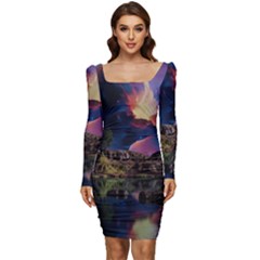 Lake Galaxy Stars Science Fiction Women Long Sleeve Ruched Stretch Jersey Dress by Uceng