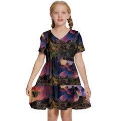 Lake Galaxy Stars Science Fiction Kids  Short Sleeve Tiered Mini Dress by Uceng