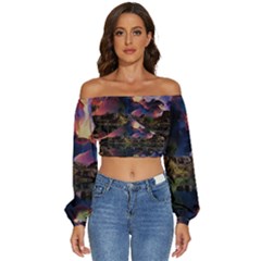 Lake Galaxy Stars Science Fiction Long Sleeve Crinkled Weave Crop Top by Uceng