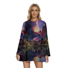 Lake Galaxy Stars Science Fiction Round Neck Long Sleeve Bohemian Style Chiffon Mini Dress