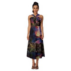 Lake Galaxy Stars Science Fiction Sleeveless Cross Front Cocktail Midi Chiffon Dress