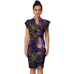 Lake Galaxy Stars Science Fiction Vintage Frill Sleeve V-neck Bodycon Dress