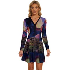 Lake Galaxy Stars Science Fiction Long Sleeve Deep V Mini Dress 