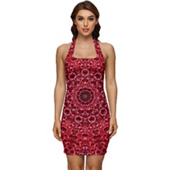 Red Wallpaper Mandala Pattern Art Sleeveless Wide Square Neckline Ruched Bodycon Dress