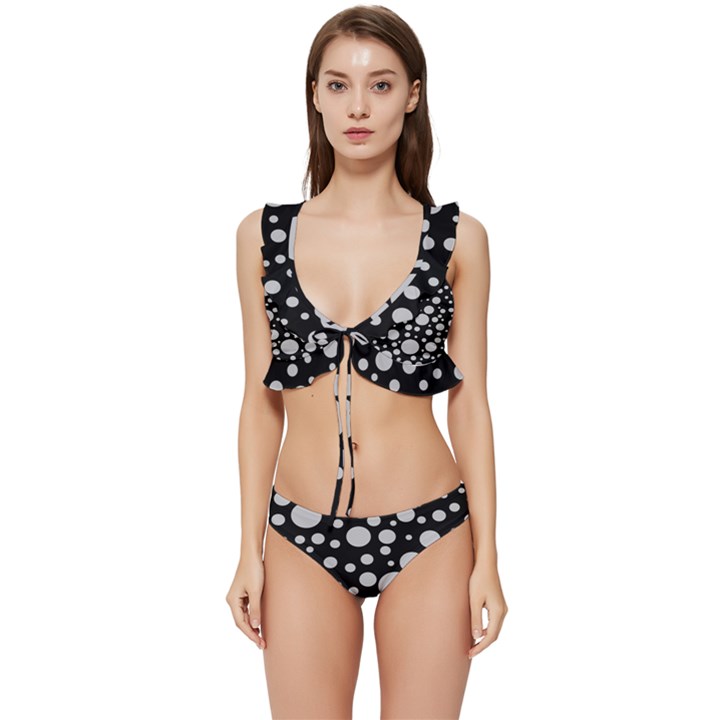 Black Circle Pattern Low Cut Ruffle Edge Bikini Set