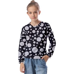 Black Circle Pattern Kids  Long Sleeve Tee With Frill 