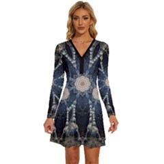 Mandala Ornament Background Long Sleeve Deep V Mini Dress 