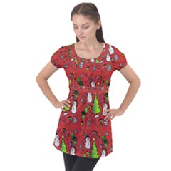 Santa Snowman Gift Holiday Puff Sleeve Tunic Top by Uceng