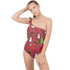 Santa Snowman Gift Holiday Frilly One Shoulder Swimsuit by Uceng