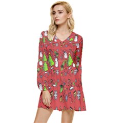 Santa Snowman Gift Holiday Tiered Long Sleeve Mini Dress by Uceng