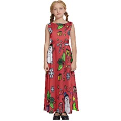 Santa Snowman Gift Holiday Kids  Satin Sleeveless Maxi Dress