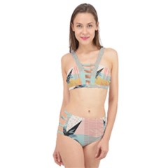 Leaves Pattern Design Colorful Cage Up Bikini Set