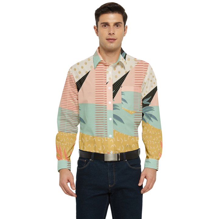 Leaves Pattern Design Colorful Men s Long Sleeve Pocket Shirt 