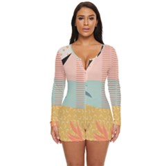 Leaves Pattern Design Colorful Long Sleeve Boyleg Swimsuit