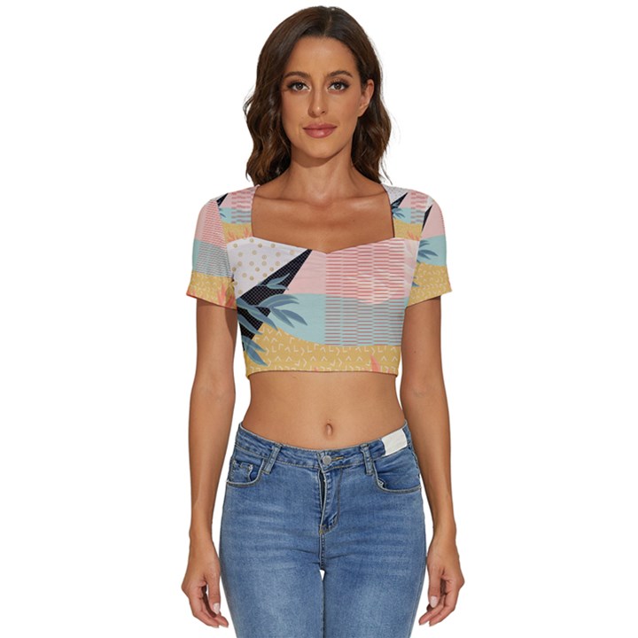 Leaves Pattern Design Colorful Short Sleeve Square Neckline Crop Top 