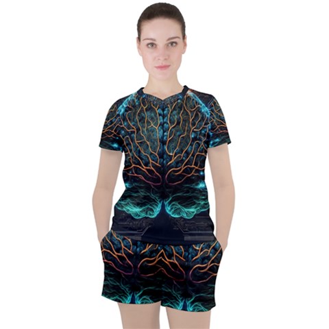 Brain Mind Technology Circuit Board Layout Patterns Women s Tee And Shorts Set by Uceng