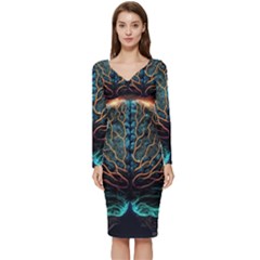 Brain Mind Technology Circuit Board Layout Patterns Long Sleeve V-neck Bodycon Dress  by Uceng