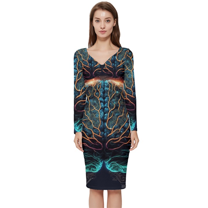 Brain Mind Technology Circuit Board Layout Patterns Long Sleeve V-Neck Bodycon Dress 