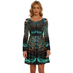 Brain Mind Technology Circuit Board Layout Patterns Long Sleeve Wide Neck Velour Dress by Uceng