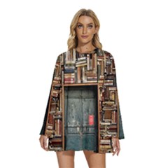 Books Round Neck Long Sleeve Bohemian Style Chiffon Mini Dress