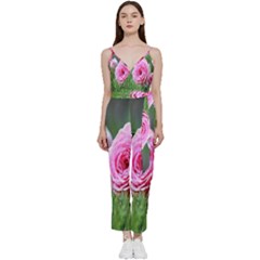 Flowers V-neck Spaghetti Strap Tie Front Jumpsuit by artworkshop