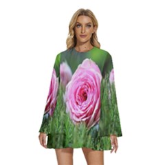 Flowers Round Neck Long Sleeve Bohemian Style Chiffon Mini Dress by artworkshop