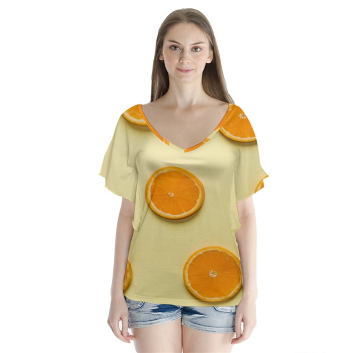 Fruite Orange V-Neck Flutter Sleeve Top