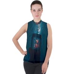 Swimming  Mock Neck Chiffon Sleeveless Top