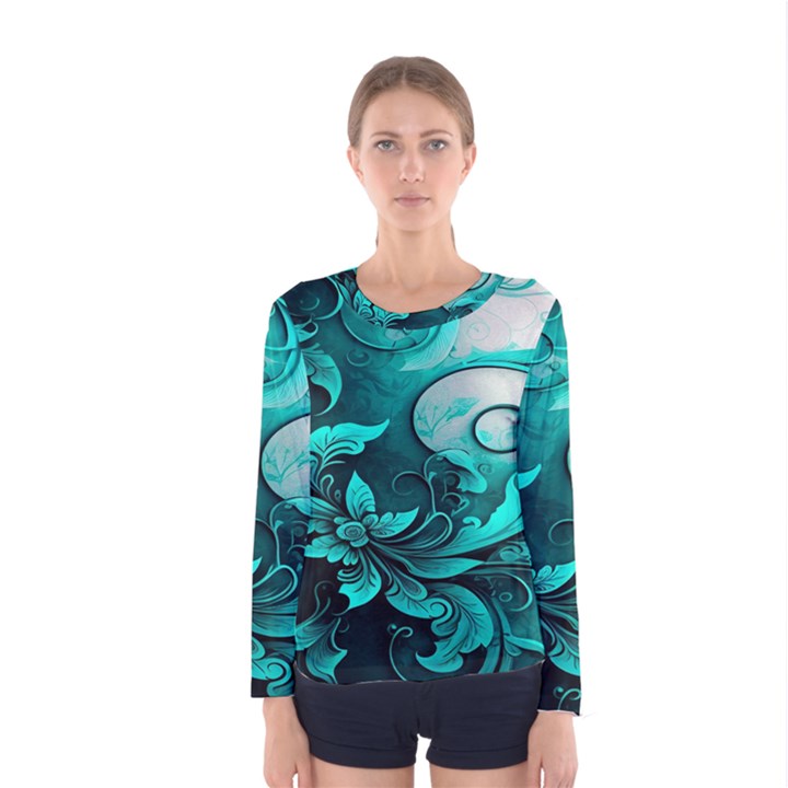 Turquoise Flower Background Women s Long Sleeve Tee