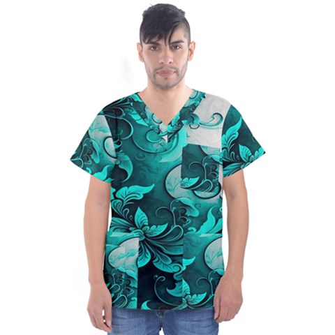 Turquoise Flower Background Men s V-neck Scrub Top by artworkshop