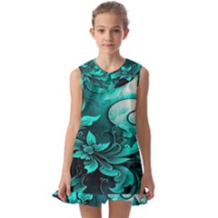 Turquoise Flower Background Kids  Pilgrim Collar Ruffle Hem Dress by artworkshop