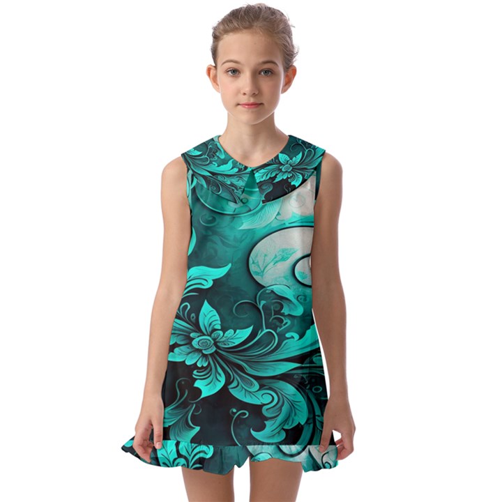 Turquoise Flower Background Kids  Pilgrim Collar Ruffle Hem Dress