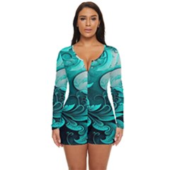 Turquoise Flower Background Long Sleeve Boyleg Swimsuit by artworkshop