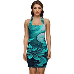 Turquoise Flower Background Sleeveless Wide Square Neckline Ruched Bodycon Dress