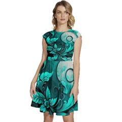 Turquoise Flower Background Cap Sleeve High Waist Dress by artworkshop