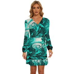 Turquoise Flower Background Long Sleeve Waist Tie Ruffle Velour Dress by artworkshop