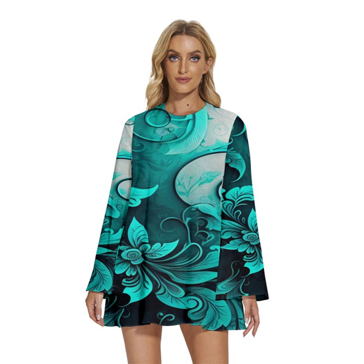 Turquoise Flower Background Round Neck Long Sleeve Bohemian Style Chiffon Mini Dress