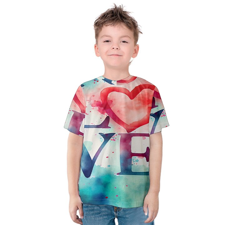 Valentines Day Heart Watercolor Background Kids  Cotton Tee