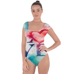 Valentines Day Heart Watercolor Background Short Sleeve Leotard  by artworkshop