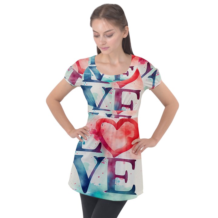 Valentines Day Heart Watercolor Background Puff Sleeve Tunic Top