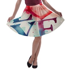 Valentines Day Heart Watercolor Background A-line Skater Skirt by artworkshop