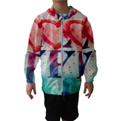 Valentines Day Heart Watercolor Background Kids  Hooded Windbreaker by artworkshop