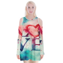 Valentines Day Heart Watercolor Background Velvet Long Sleeve Shoulder Cutout Dress